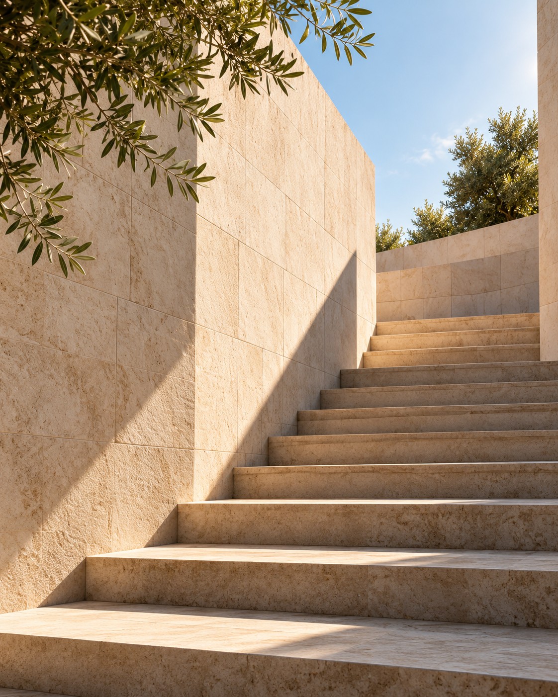 Sunlit limestone steps ascending through quiet modern architecture